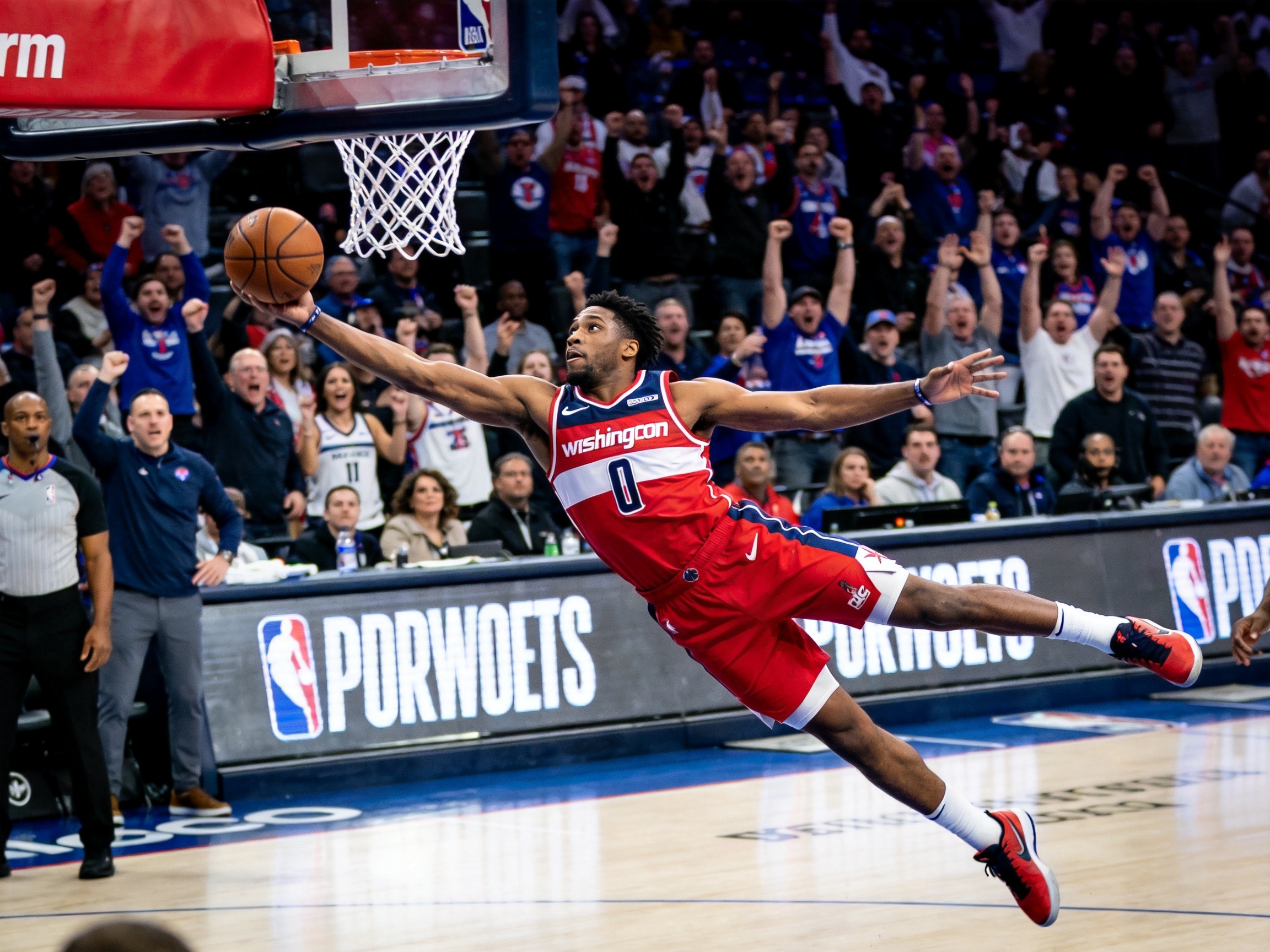 NBA季后赛精彩瞬间，球员空中扣篮动作定格